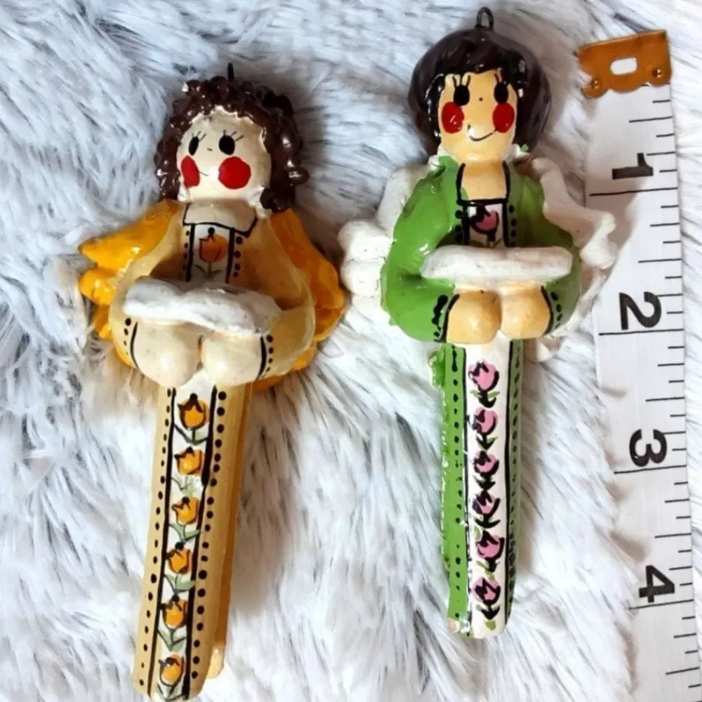Vintage Tree Ornaments Set‎ of Two Clothespin Angels Handcrafted 1975